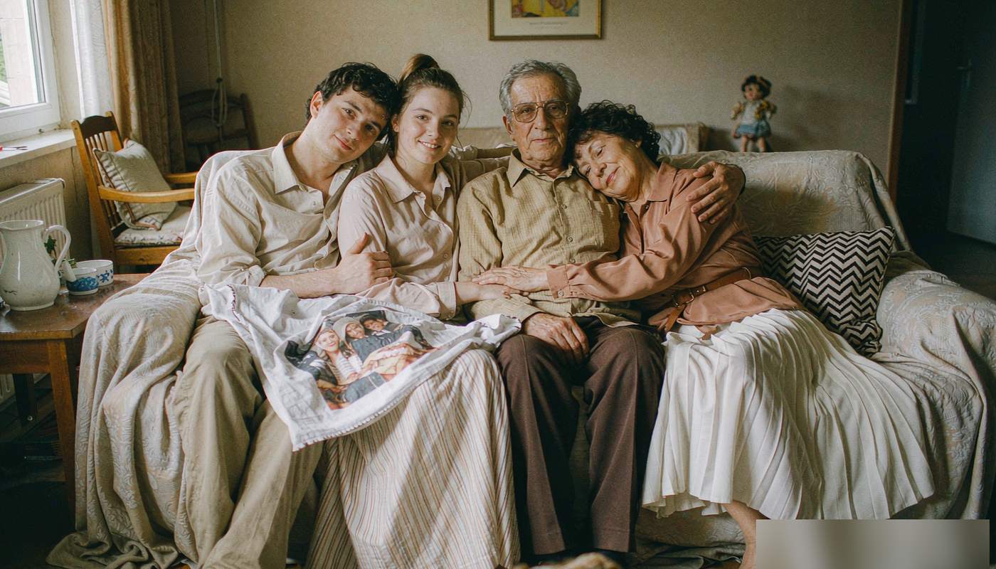 A family sitting together on a couch, smiling, with a personalized photo blanket printed with their family portrait draped over their laps