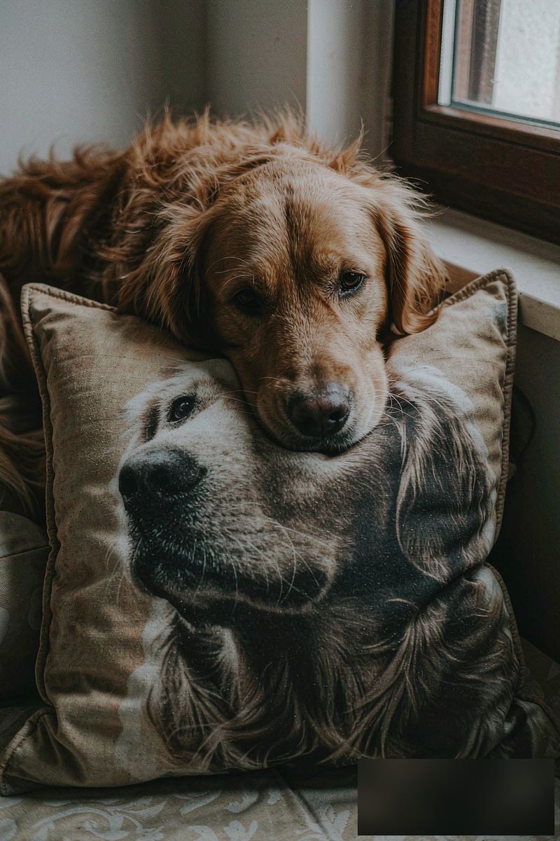 A custom printed decorative pillow featuring a golden retriever's portrait, with the actual dog resting beside it