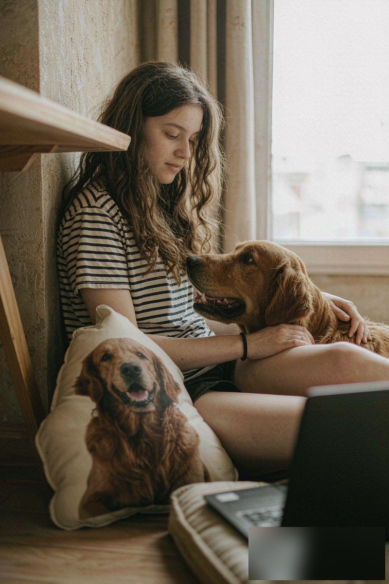 A young woman sitting on the floor hugging her golden retriever, with a custom photo pillow of the dog visible nearby
